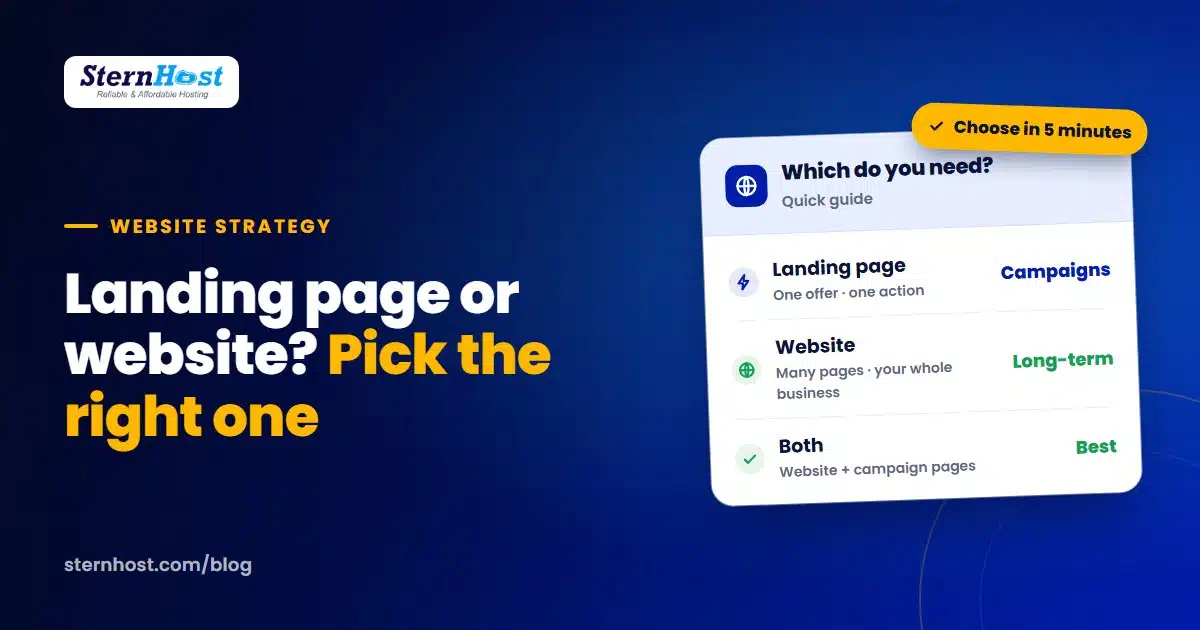 Landing page vs website comparison showing when a small business should use each one