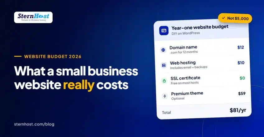 Small business website cost breakdown for 2026 showing domain, hosting, SSL and email costs