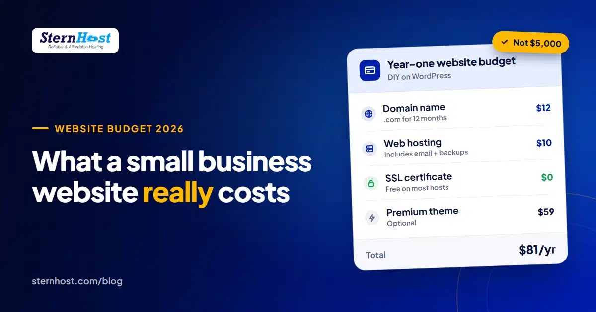 Small business website cost breakdown for 2026 showing domain, hosting, SSL and email costs